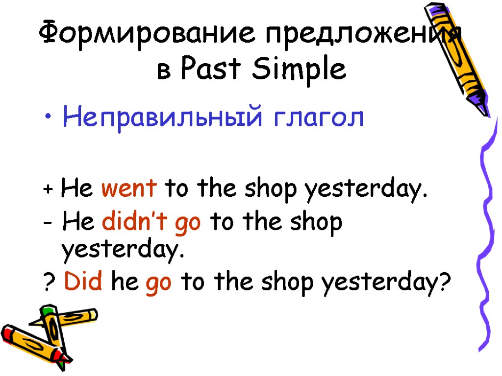 Формирование предложения в Past Simple Неправильный глагол + He went to the shop yesterday.